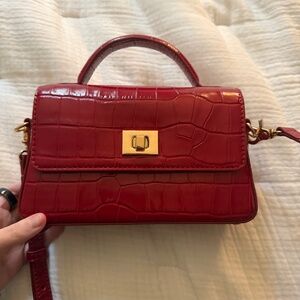 J.Crew Croc Embossed Leather Top Handle Satchel Red Gold Turn Lock